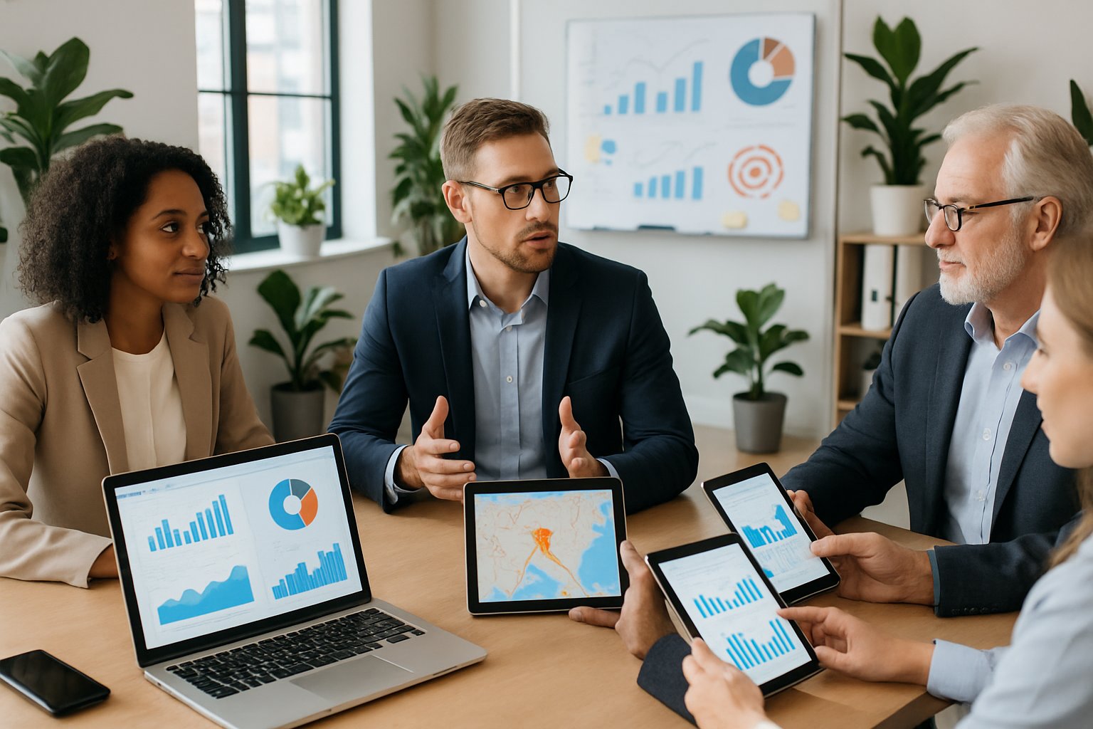 A group of business professionals collaborating around a table with laptops and digital devices showing charts and maps in a bright office.